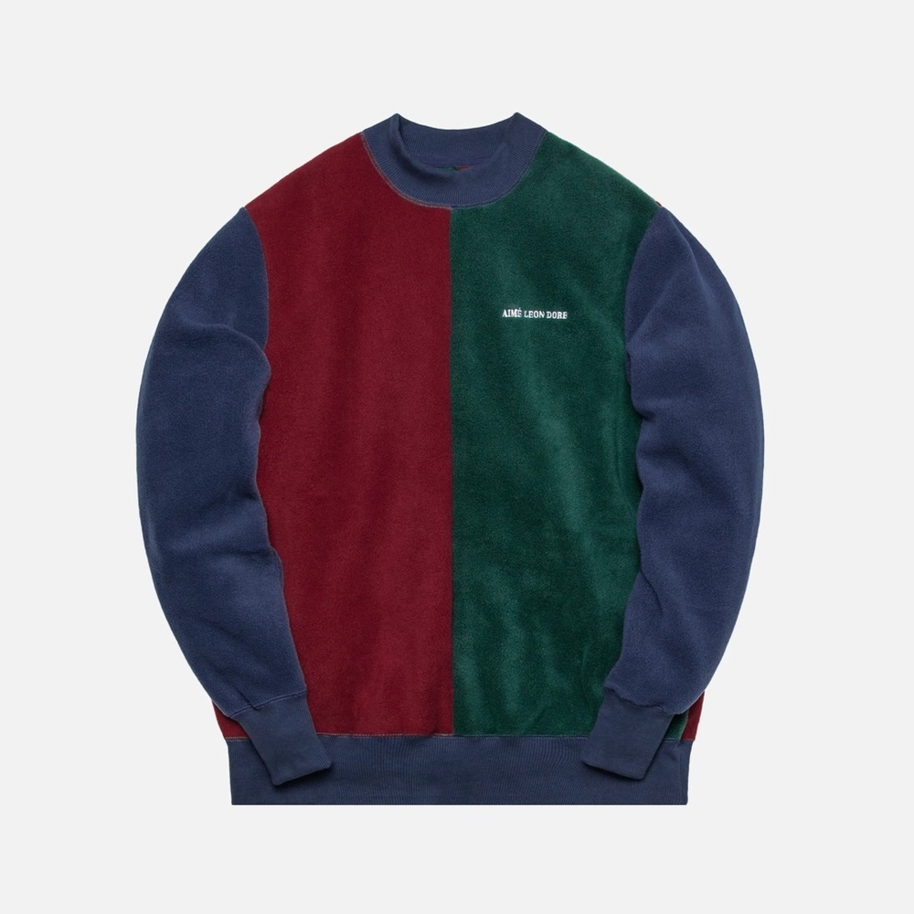 Aime Leon Dore Colorblock Crewneck Sweater in Burgundy, Forest Green & Navy